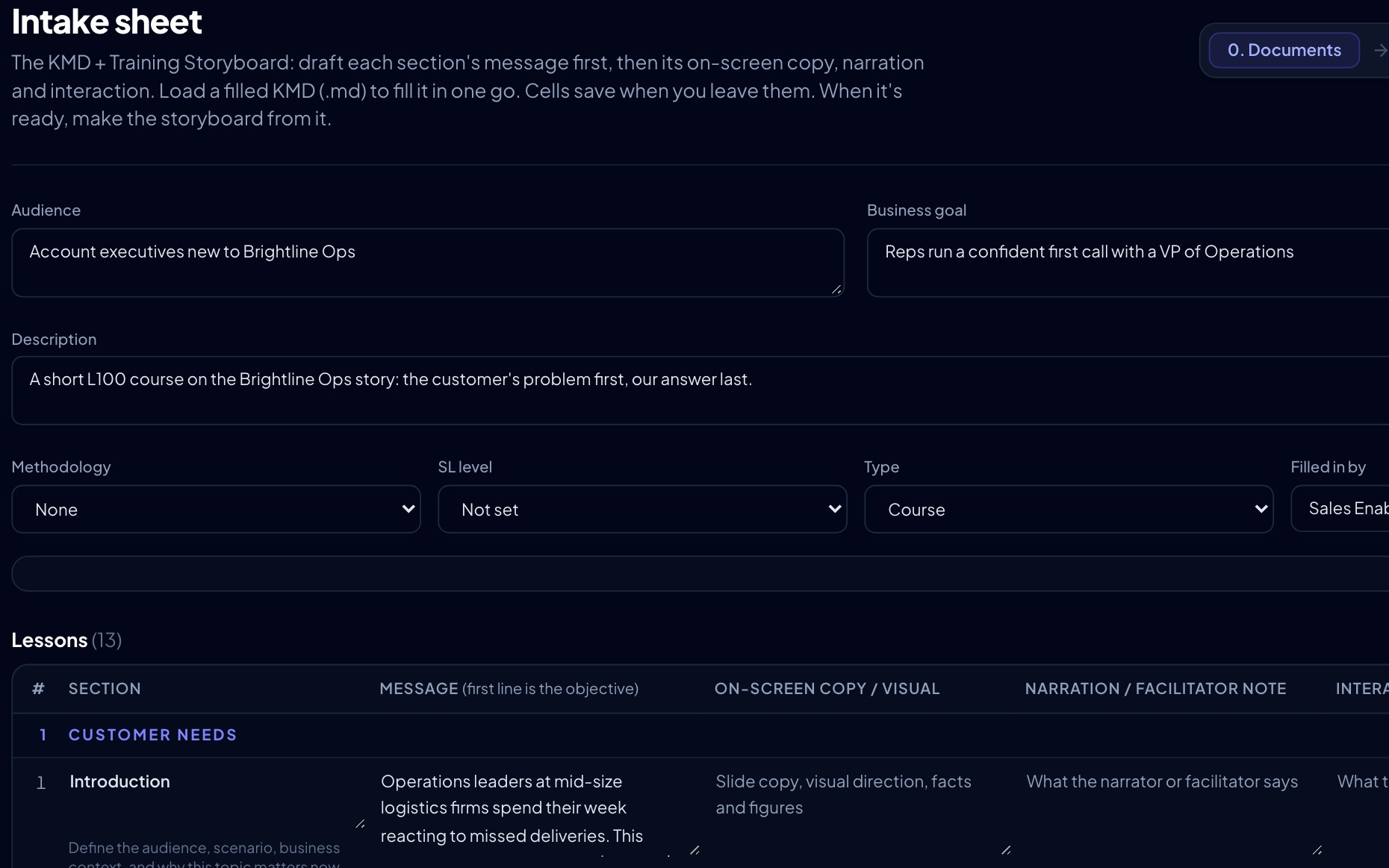 The intake sheet: audience, goal, and each section’s message, filled in for a demo course.