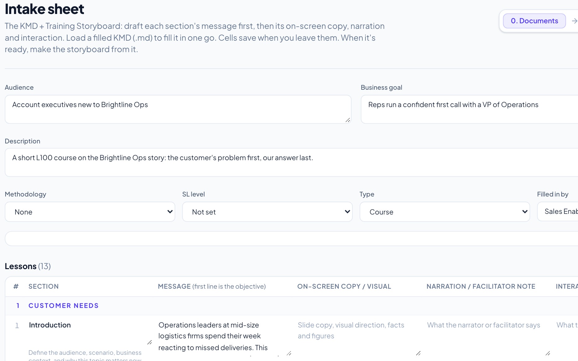 The intake sheet: audience, goal, and each section’s message, filled in for a demo course.