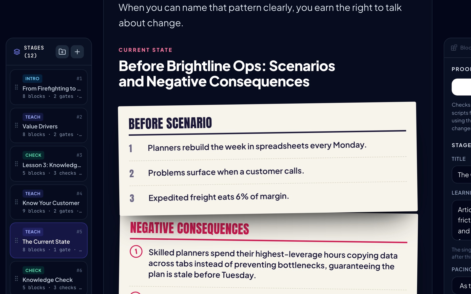 The lesson editor: lessons down the side, the lesson as the learner will see it, its settings on the right.